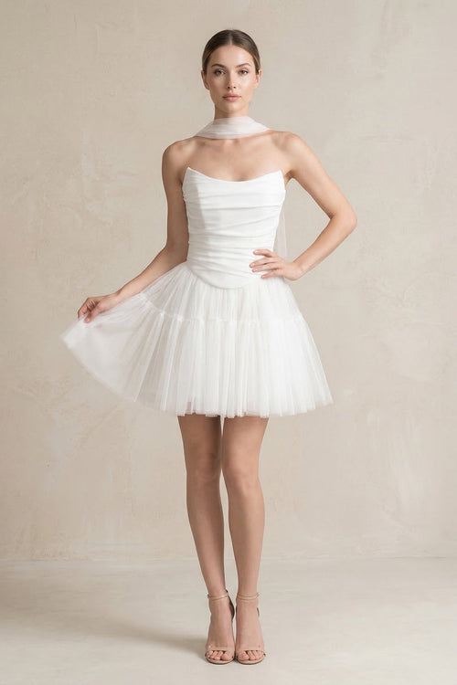 Strapless Tulle A - Line Ruched Mini Wedding Dress in White - SHE IS ME Wedding Dresses