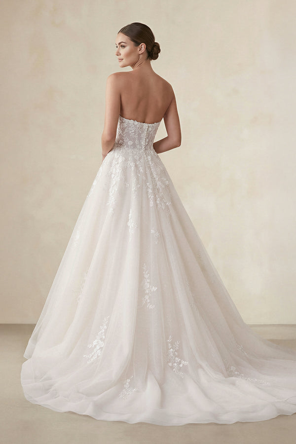 Strapless Tulle A Line Wedding Dress With Appliques in Ivory - SHE IS ME Wedding Dresses