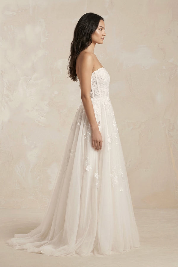 Strapless Tulle Corset A - Line Appliqued Wedding Dress in Ivory - SHE IS ME Wedding Dresses