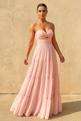 Strapless Twist - Front Tiered Maxi Dress in Blush - KISS BRIDAL