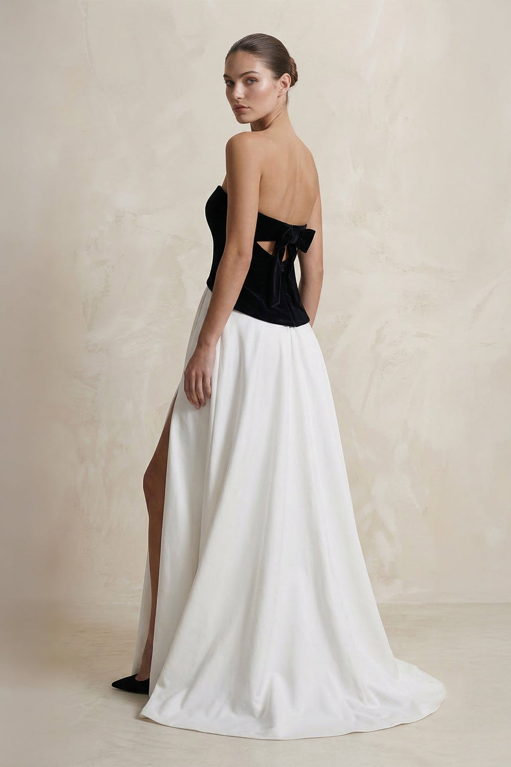Strapless Velvet Slit Prom Dress in Black and White - SHE IS ME PROM DRESSES