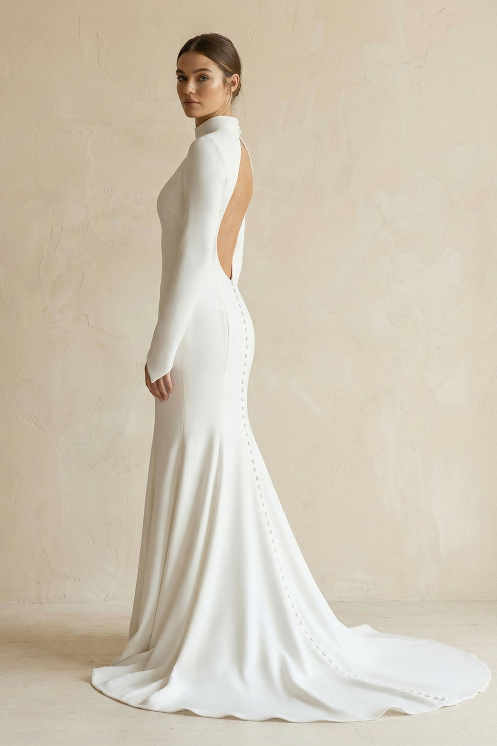 Stretch Satin High - Neck Mermaid Wedding Dress in White - KISS BRIDAL Wedding Dresses