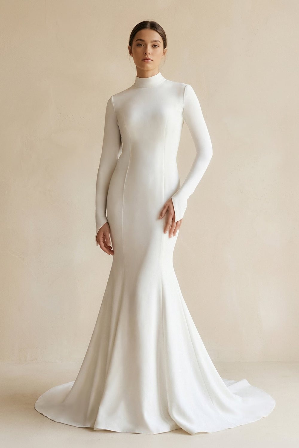 Stretch Satin High - Neck Mermaid Wedding Dress in White - KISS BRIDAL Wedding Dresses