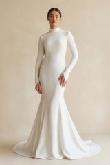 Stretch Satin High - Neck Mermaid Wedding Dress in White - KISS BRIDAL Wedding Dresses