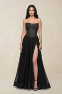 Stunning Strapless Tulle A - Line Corset Wedding Dress With Slit in Black - SHE IS ME Wedding Dresses
