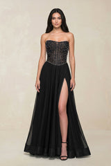 Stunning Strapless Tulle A - Line Corset Wedding Dress With Slit in Black - KISS BRIDAL Wedding Dresses