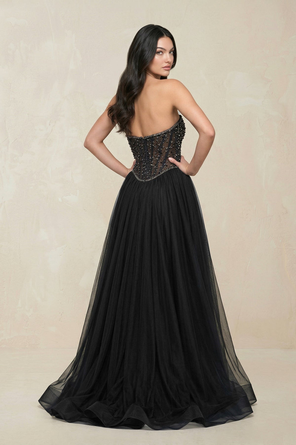 Stunning Strapless Tulle A - Line Corset Wedding Dress With Slit in Black - KISS BRIDAL Wedding Dresses