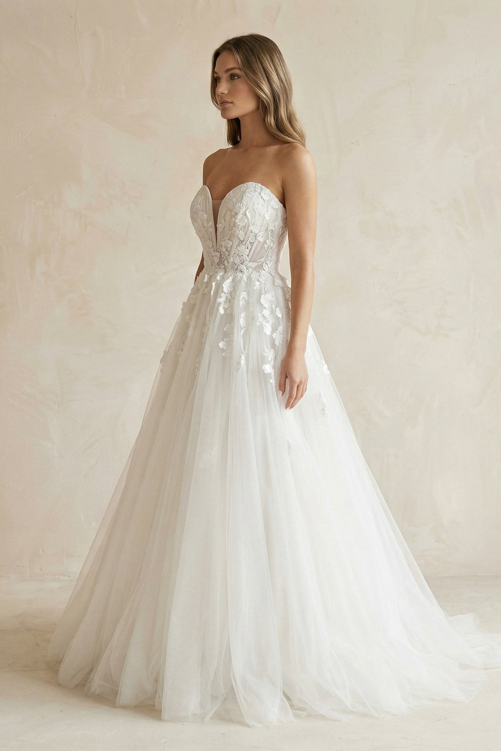 Sweetheart A - Line Appliqued Tulle Wedding Dress in Ivory - KISS BRIDAL Wedding Dresses