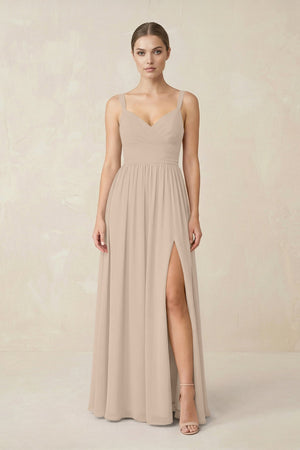 Sweetheart A - Line Chiffon Bridesmaid Dress with Slit in Almond - SHE IS ME Bridesmaid Dresses