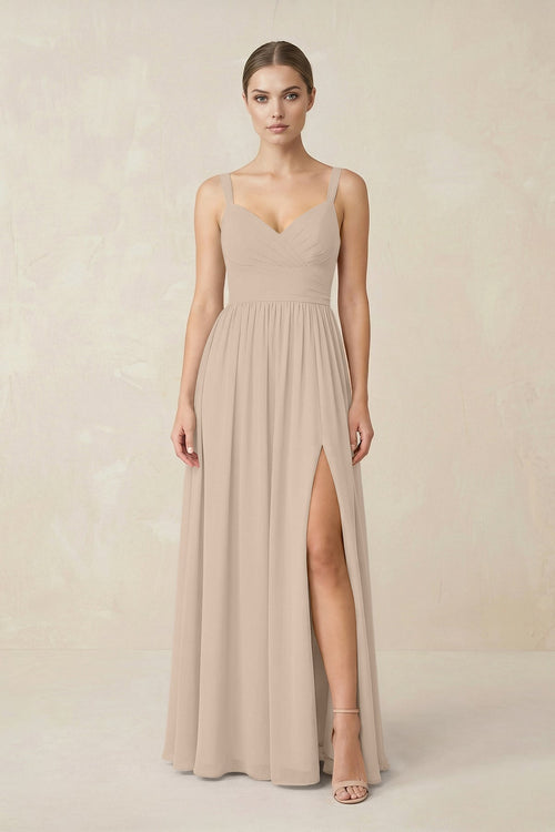 Sweetheart A - Line Chiffon Bridesmaid Dress with Slit in Almond - SHE IS ME Bridesmaid Dresses