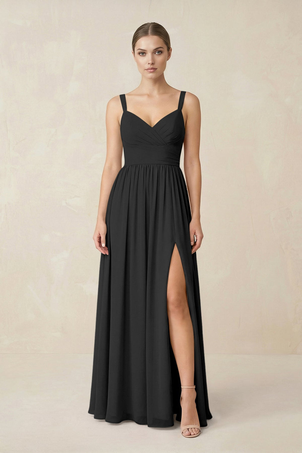 Sweetheart A - Line Chiffon Bridesmaid Dress with Slit in Black - KISS BRIDAL Bridesmaid Dresses