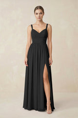 Sweetheart A - Line Chiffon Bridesmaid Dress with Slit in Black - KISS BRIDAL Bridesmaid Dresses