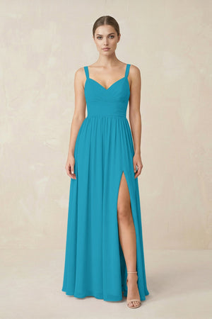 Sweetheart A - Line Chiffon Bridesmaid Dress with Slit in Blue Jay - SHE IS ME Bridesmaid Dresses