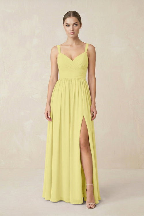 Sweetheart A - Line Chiffon Bridesmaid Dress with Slit in Buttercup - SHE IS ME Bridesmaid Dresses
