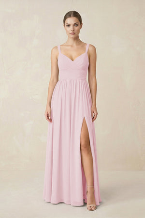 Sweetheart A - Line Chiffon Bridesmaid Dress with Slit in Candy Pink - SHE IS ME Bridesmaid Dresses