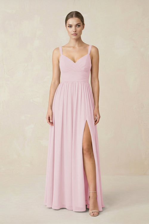 Sweetheart A - Line Chiffon Bridesmaid Dress with Slit in Candy Pink - SHE IS ME Bridesmaid Dresses