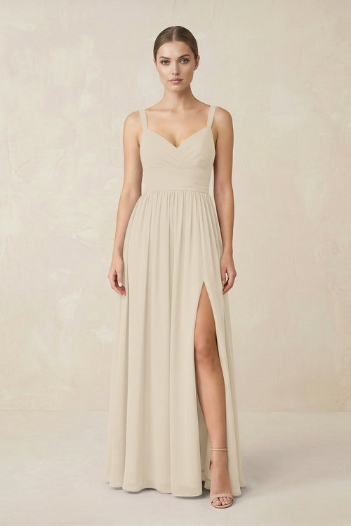 Sweetheart A - Line Chiffon Bridesmaid Dress with Slit in Champagne - SHE IS ME Bridesmaid Dresses