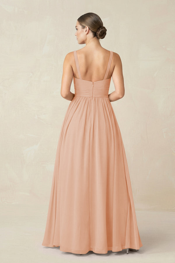 Sweetheart A - Line Chiffon Bridesmaid Dress with Slit in Champagne Rose - SHE IS ME Bridesmaid Dresses