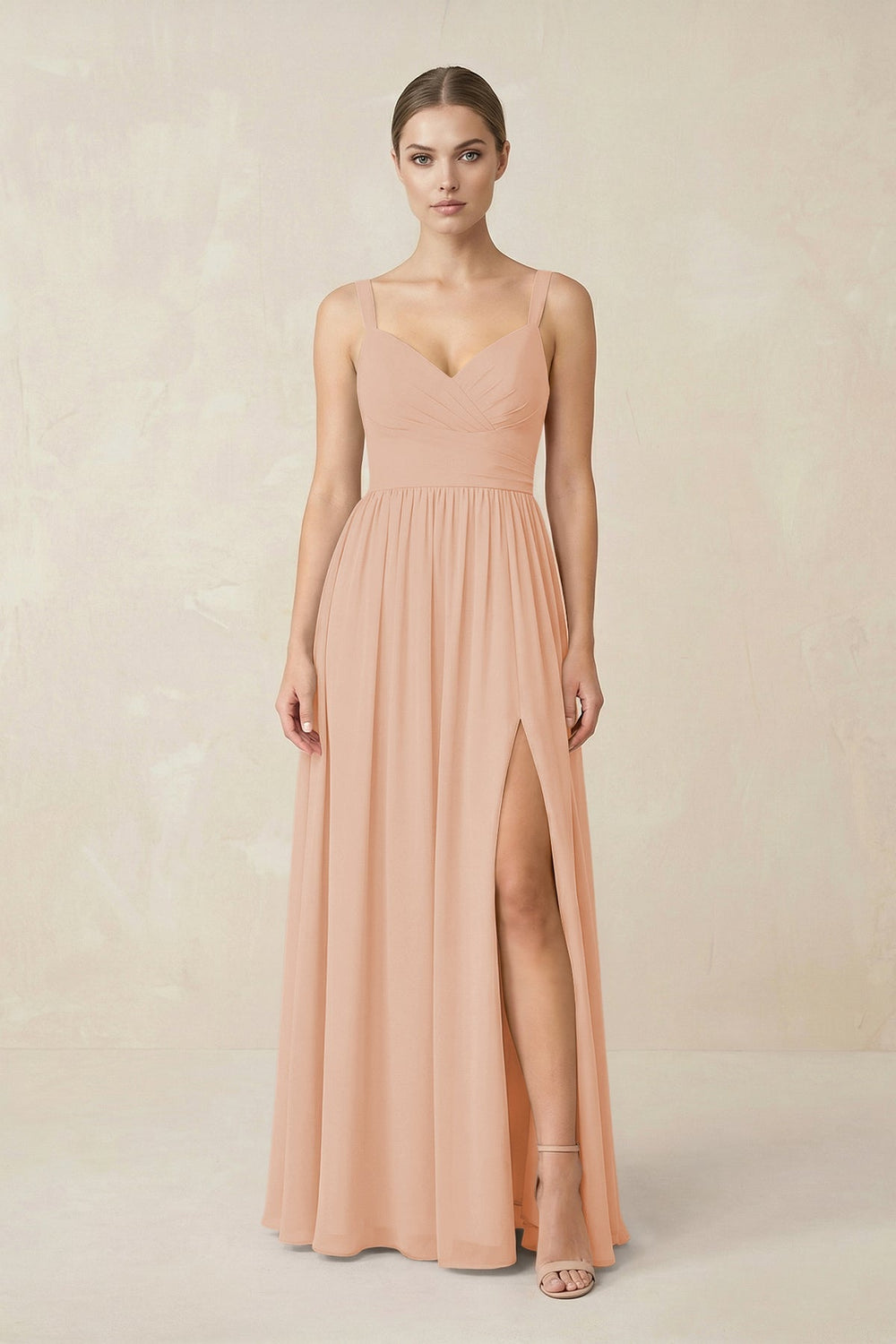 Sweetheart A - Line Chiffon Bridesmaid Dress with Slit in Champagne Rose - KISS BRIDAL Bridesmaid Dresses