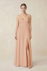 Sweetheart A - Line Chiffon Bridesmaid Dress with Slit in Champagne Rose - KISS BRIDAL Bridesmaid Dresses