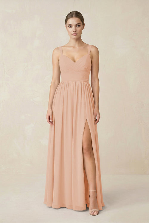 Sweetheart A - Line Chiffon Bridesmaid Dress with Slit in Champagne Rose - SHE IS ME Bridesmaid Dresses