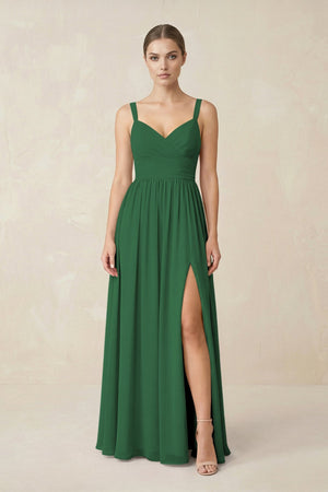 Sweetheart A - Line Chiffon Bridesmaid Dress with Slit in Dark Green - SHE IS ME Bridesmaid Dresses