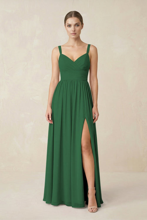 Sweetheart A - Line Chiffon Bridesmaid Dress with Slit in Dark Green - SHE IS ME Bridesmaid Dresses