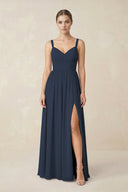 Sweetheart A - Line Chiffon Bridesmaid Dress with Slit in Dark Navy - SHE IS ME Bridesmaid Dresses