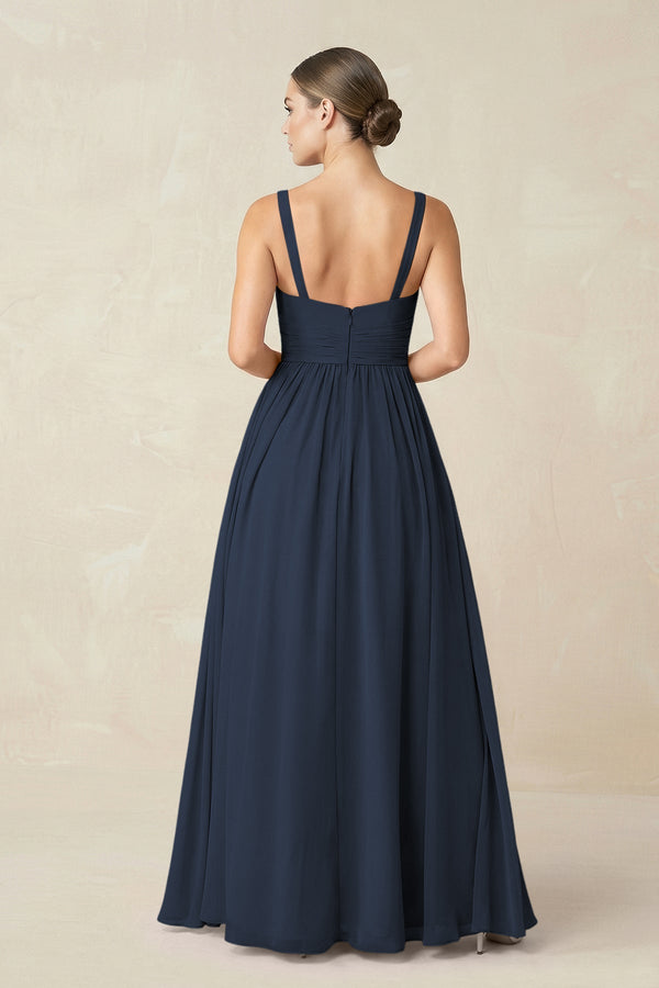 Sweetheart A - Line Chiffon Bridesmaid Dress with Slit in Dark Navy - SHE IS ME Bridesmaid Dresses