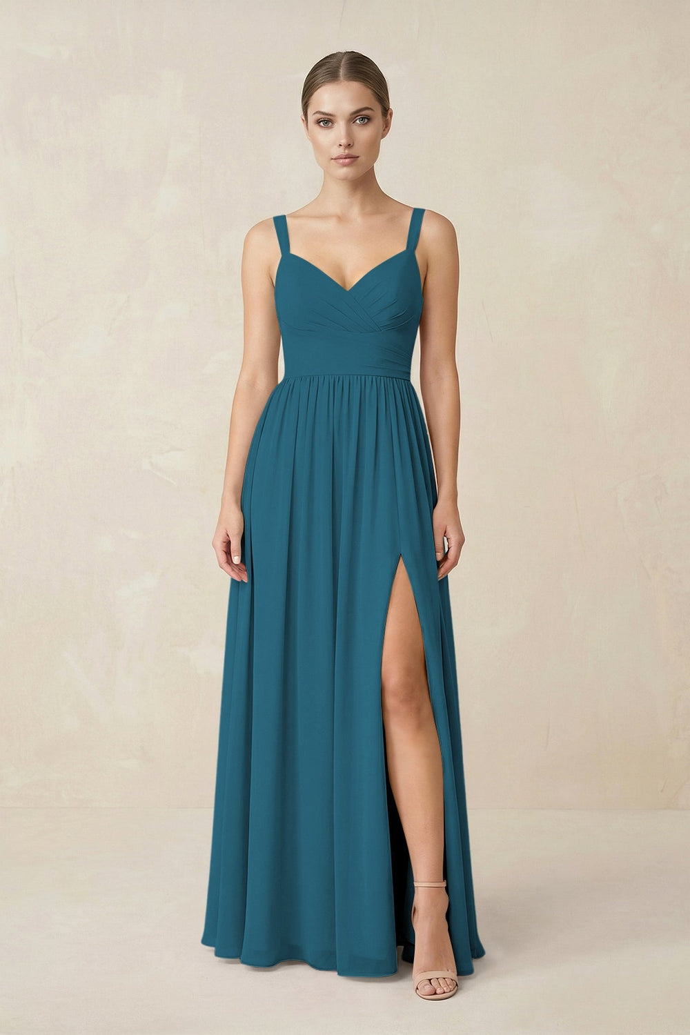 Sweetheart A - Line Chiffon Bridesmaid Dress with Slit in Dark Teal - KISS BRIDAL Bridesmaid Dresses
