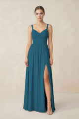 Sweetheart A - Line Chiffon Bridesmaid Dress with Slit in Dark Teal - KISS BRIDAL Bridesmaid Dresses