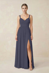 Sweetheart A - Line Chiffon Bridesmaid Dress with Slit in Dusk Blue - KISS BRIDAL Bridesmaid Dresses