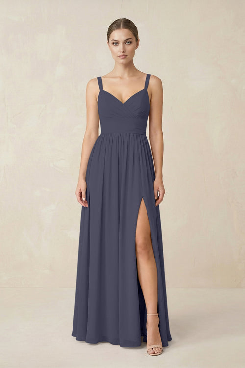 Sweetheart A - Line Chiffon Bridesmaid Dress with Slit in Dusk Blue - SHE IS ME Bridesmaid Dresses
