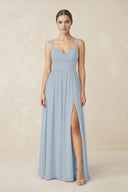 Sweetheart A - Line Chiffon Bridesmaid Dress with Slit in Dusty Blue - SHE IS ME Bridesmaid Dresses