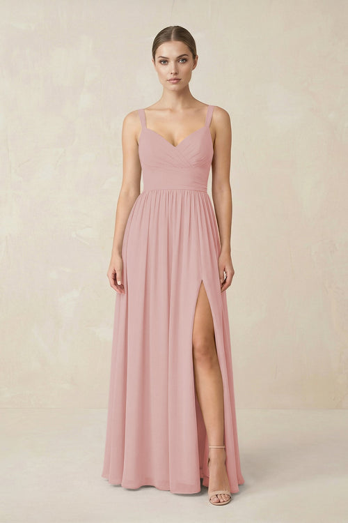 Sweetheart A - Line Chiffon Bridesmaid Dress with Slit in Dusty Rose - SHE IS ME Bridesmaid Dresses