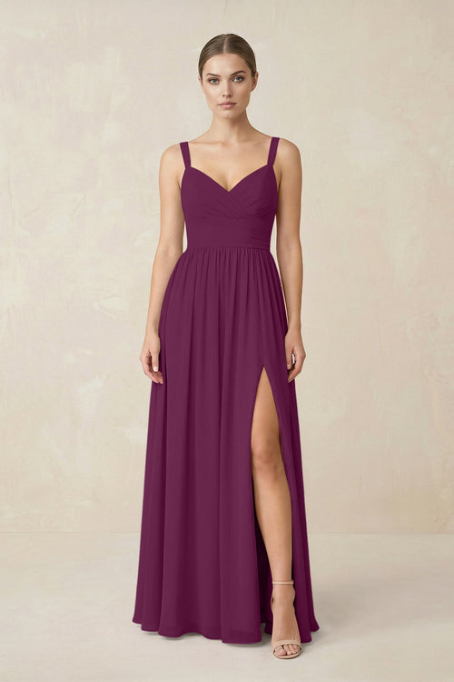 Sweetheart A - Line Chiffon Bridesmaid Dress with Slit in Fig - SHE IS ME Bridesmaid Dresses