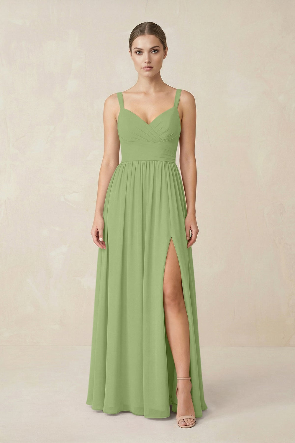 Sweetheart A - Line Chiffon Bridesmaid Dress with Slit in Matcha - KISS BRIDAL Bridesmaid Dresses