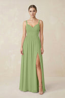 Sweetheart A - Line Chiffon Bridesmaid Dress with Slit in Matcha - SHE IS ME Bridesmaid Dresses