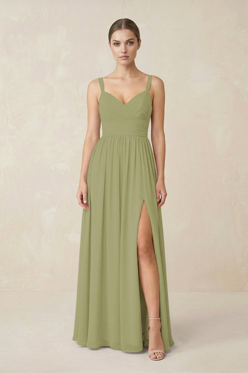 Sweetheart A - Line Chiffon Bridesmaid Dress with Slit in Moss Green - SHE IS ME Bridesmaid Dresses