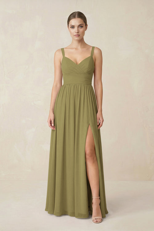 Sweetheart A-Line Chiffon Bridesmaid Dress with Slit in Moss Green | KISSBRIDAL