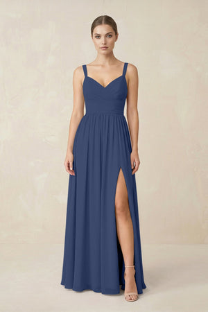 Sweetheart A - Line Chiffon Bridesmaid Dress with Slit in Navy - SHE IS ME Bridesmaid Dresses