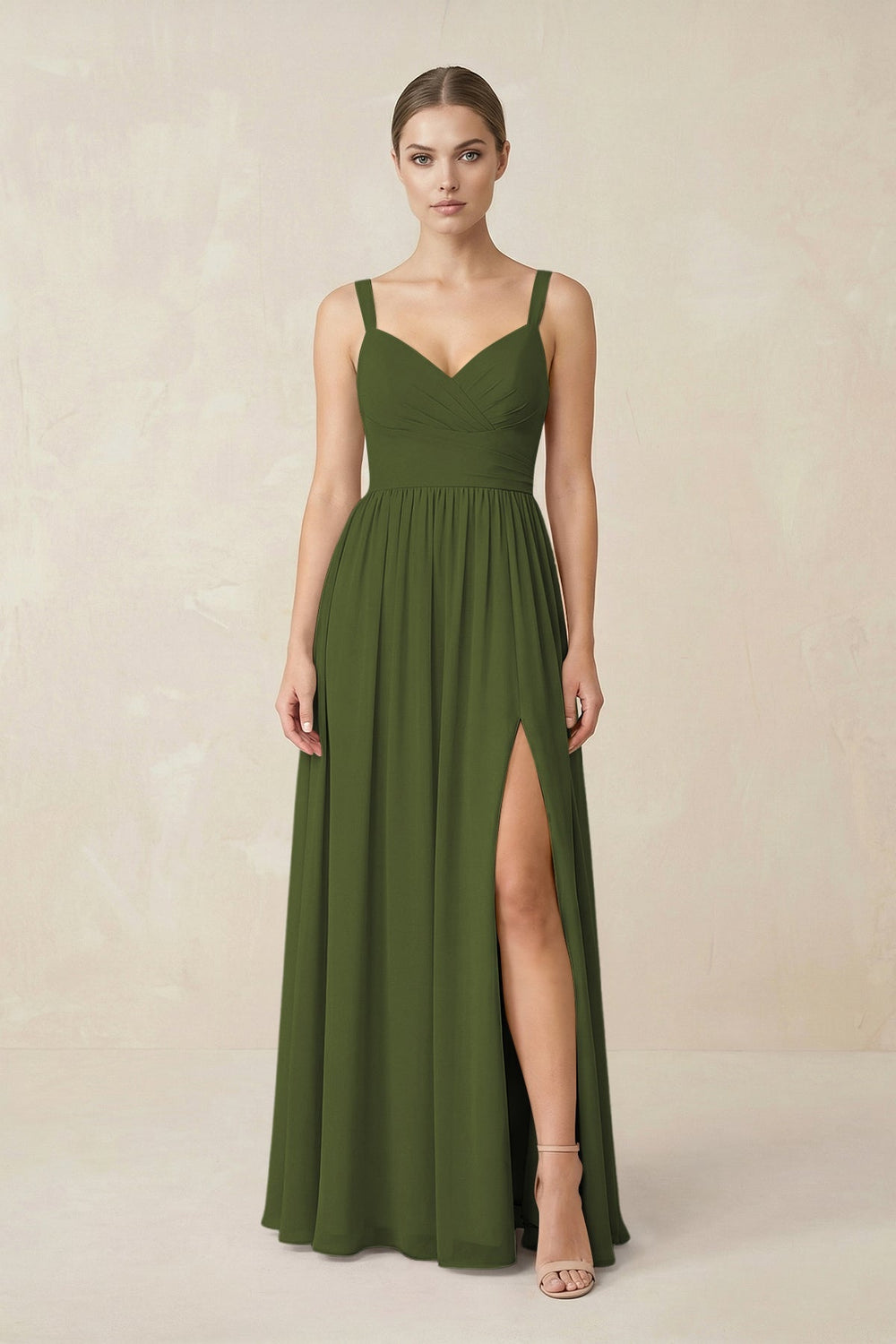 Sweetheart A - Line Chiffon Bridesmaid Dress with Slit in Olive - SHE IS ME Bridesmaid Dresses