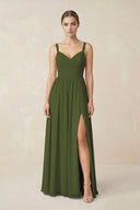 Sweetheart A - Line Chiffon Bridesmaid Dress with Slit in Olive - SHE IS ME Bridesmaid Dresses