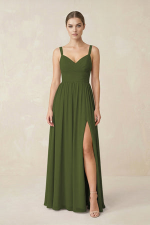 Sweetheart A - Line Chiffon Bridesmaid Dress with Slit in Olive - SHE IS ME Bridesmaid Dresses