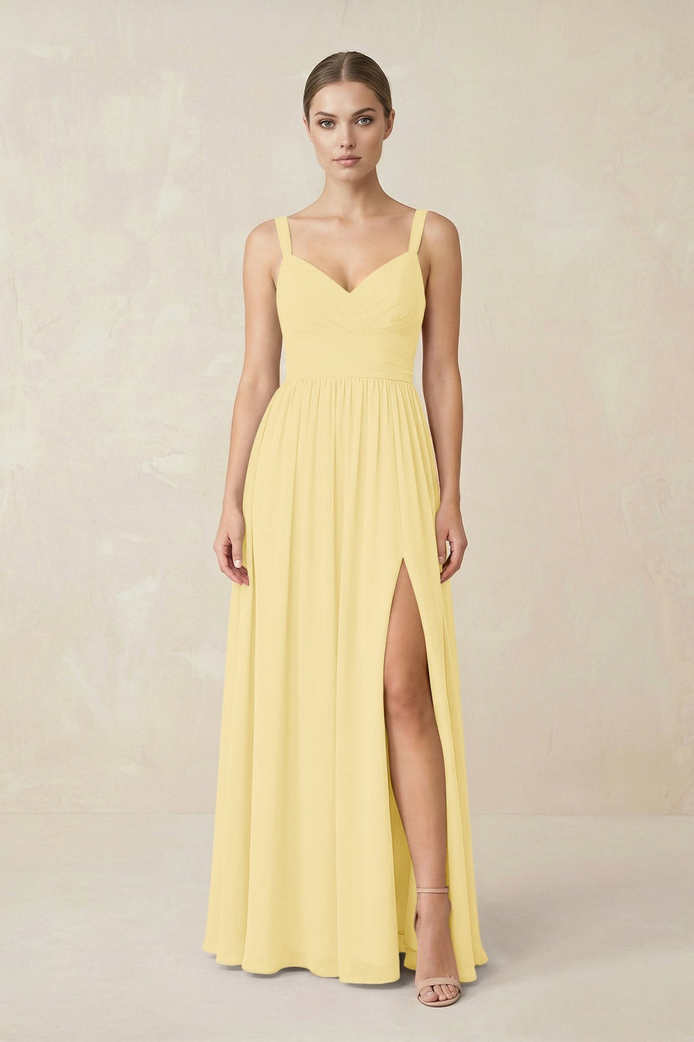 Sweetheart A - Line Chiffon Bridesmaid Dress with Slit in Pastel Yellow - KISS BRIDAL Bridesmaid Dresses