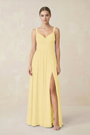 Sweetheart A - Line Chiffon Bridesmaid Dress with Slit in Pastel Yellow - SHE IS ME Bridesmaid Dresses