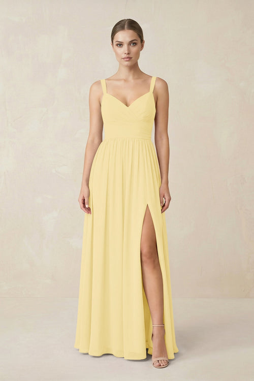 Sweetheart A - Line Chiffon Bridesmaid Dress with Slit in Pastel Yellow - SHE IS ME Bridesmaid Dresses