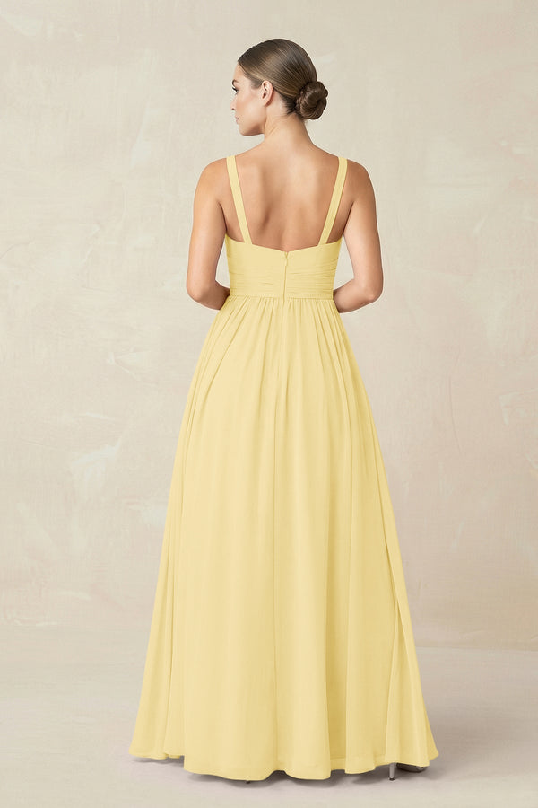 Sweetheart A - Line Chiffon Bridesmaid Dress with Slit in Pastel Yellow - SHE IS ME Bridesmaid Dresses