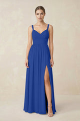 Sweetheart A - Line Chiffon Bridesmaid Dress with Slit in Royal Blue - KISS BRIDAL Bridesmaid Dresses