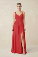 Sweetheart A - Line Chiffon Bridesmaid Dress with Slit in Ruby Red - SHE IS ME Bridesmaid Dresses